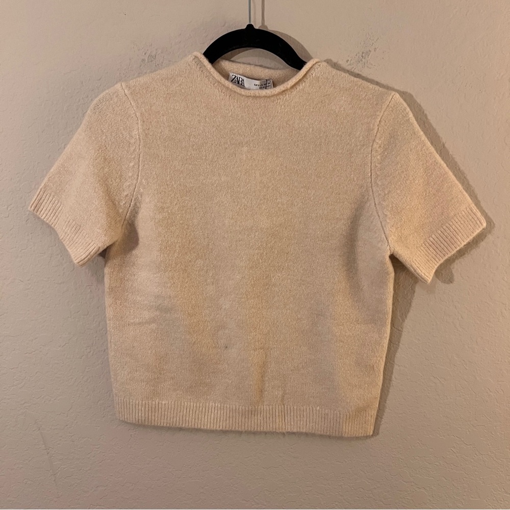 Zara Cream Short Sleeve Sweater Small NWT Rolled Collar Top